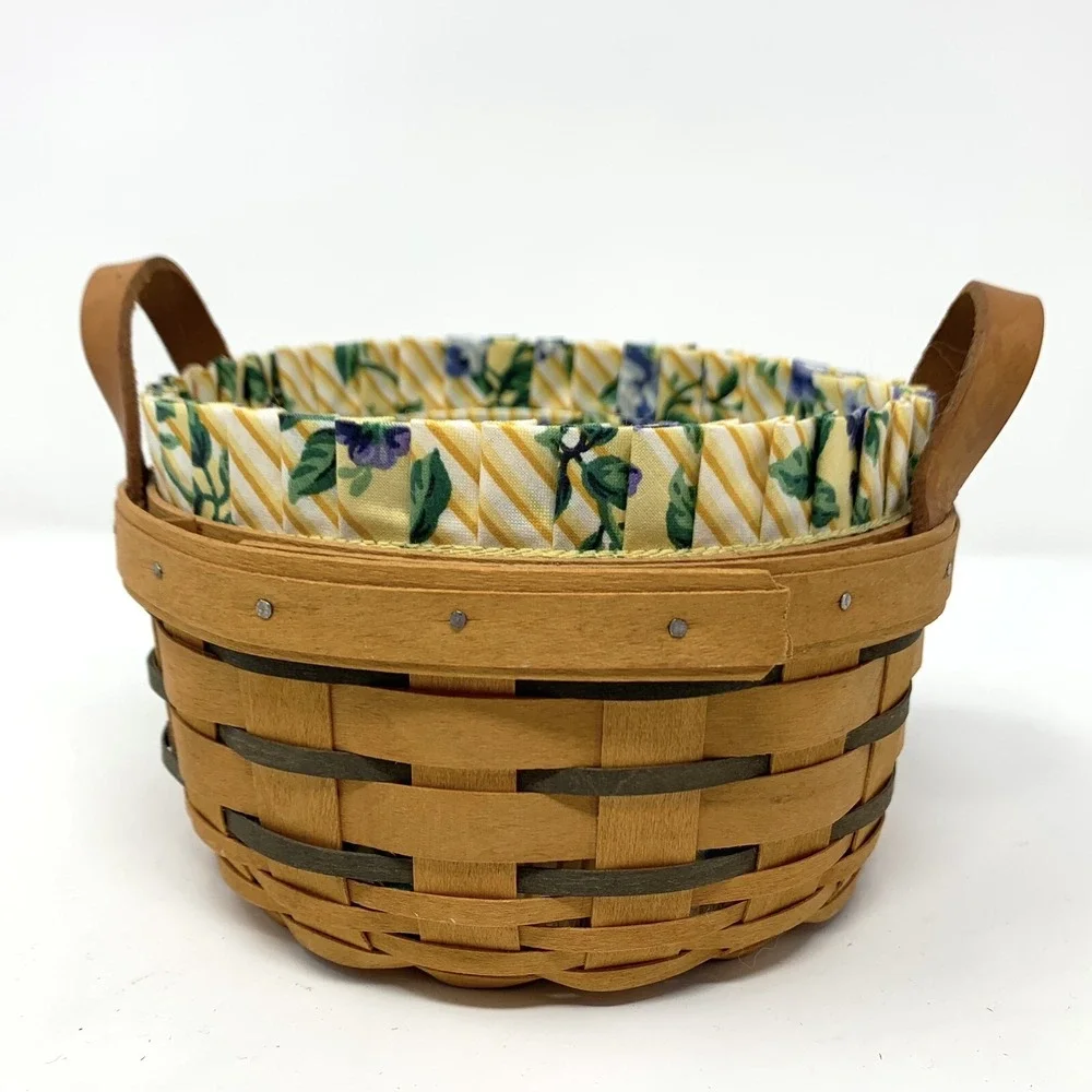 Longaberger 1996 Round Basket Leather Handles 6.5 Inch Fabric Liner, Protector